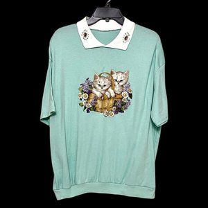 Vintage 1990s Kittens Flowers Collar Light Mint Green Pullover Shirt One Size